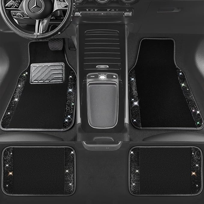 CAR PASS Bling Diamond Leather Steering Wheel Cover 14.5in-15in Floor Mats Shining Rhinestone Carpet Sparkly Glitter Crystal Anti-Slip Pad Fit Automotive SUV Pickup Truck Girl Women, 5pcs Black