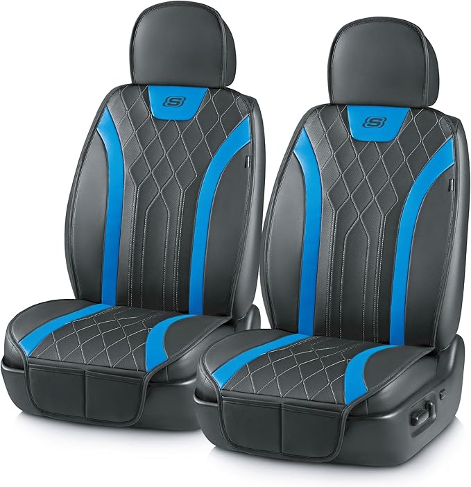Skechers MAX Cushioning Car Seat Covers,Memory Foam Leather Car Seat Protectors, Airbag Safe Waterproof Sideless Front Seat Covers with Storage Pocket,Universal Fit for Cars Trucks SUV, Blue 2PCS