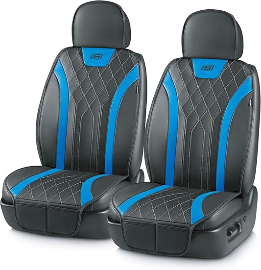 Skechers MAX Cushioning Car Seat Covers,Memory Foam Leather Car Seat Protectors, Airbag Safe Waterproof Sideless Front Seat Covers with Storage Pocket,Universal Fit for Cars Trucks SUV, Blue 2PCS