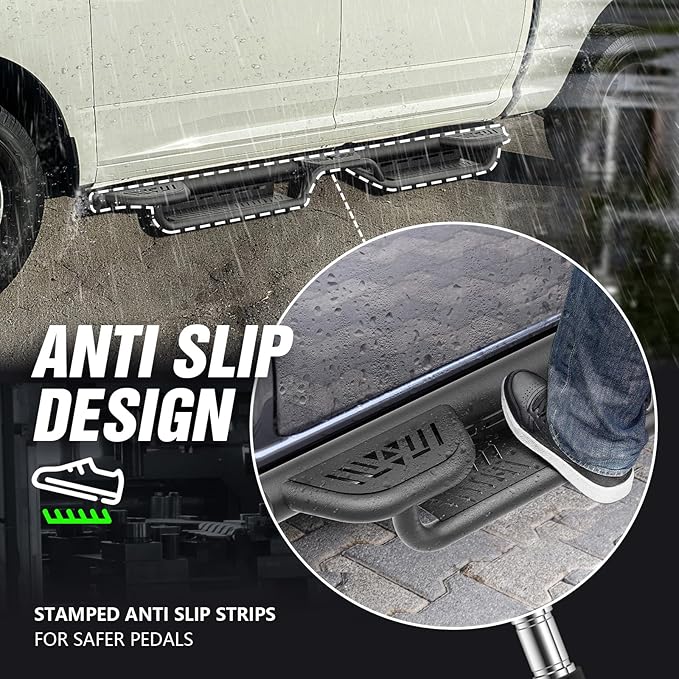 CrewCab Three Raised Steps Running Boards Compatible with 2009-2018 Dodge Ram 1500, 2019-2024 1500 Classic, 2010-2025 Ram 2500 & 3500 CrewCab Side Steps, Bolt-on Nerf Bar, Black