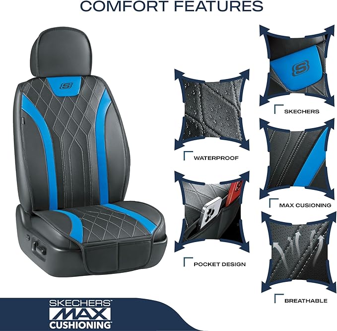 Skechers MAX Cushioning Car Seat Covers,Memory Foam Leather Car Seat Protectors, Airbag Safe Waterproof Sideless Front Seat Covers with Storage Pocket,Universal Fit for Cars Trucks SUV, Blue 2PCS