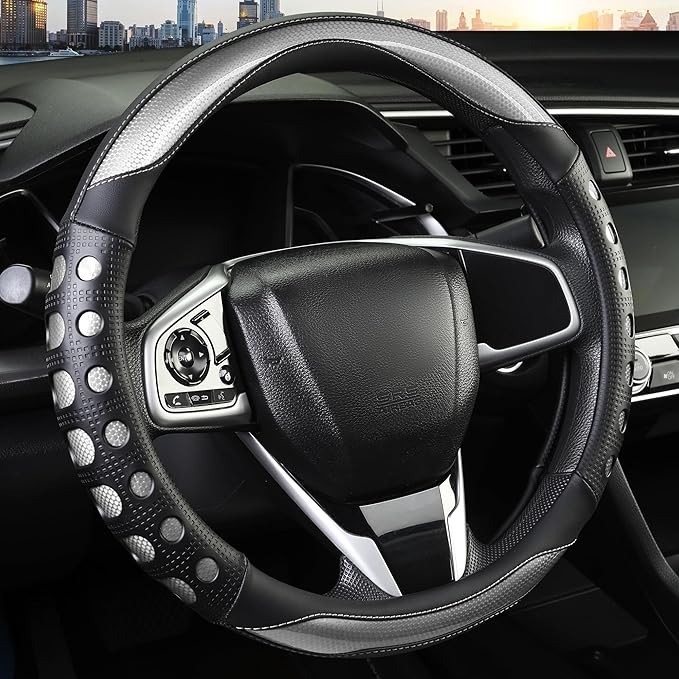 Leather Car Steering Wheel Cover with Anti-Slip Grip, for Women and Men, Universal Fit for 14.5-15 Inch Cars, Trucks, SUVs (Gray (Round), Medium(Standard) Size[14 1/2''-15''])