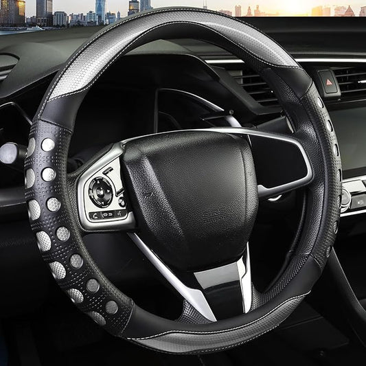 Leather Car Steering Wheel Cover with Anti-Slip Grip, for Women and Men, Universal Fit for 14.5-15 Inch Cars, Trucks, SUVs (Gray (Round), Medium(Standard) Size[14 1/2''-15''])