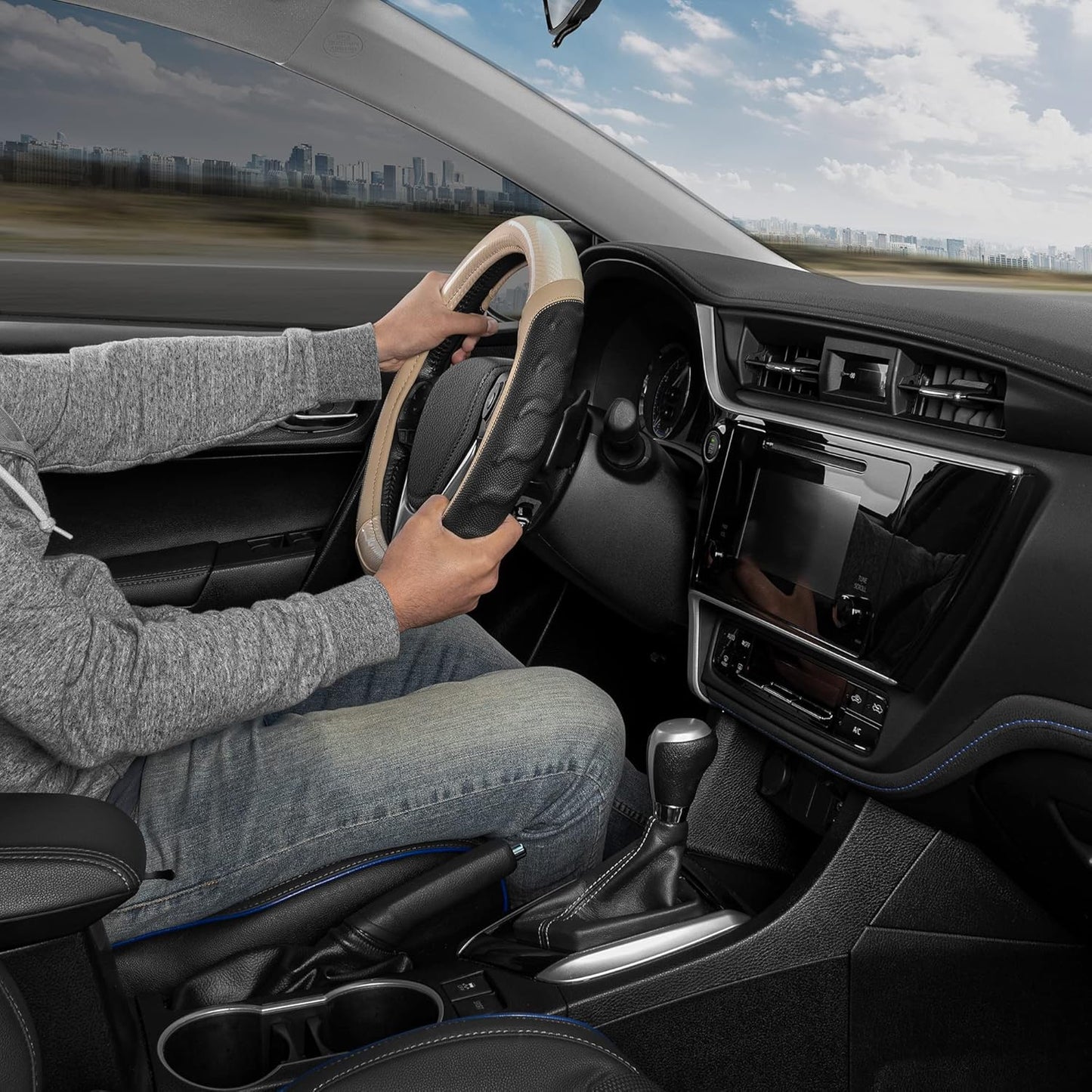 Motor Trend UltraSport Beige Carbon Fiber Steering Wheel Cover, Standard 15 inch Size, Black Faux Leather Comfort Grip, Car Steering Wheel Cover for Auto Truck Van SUV