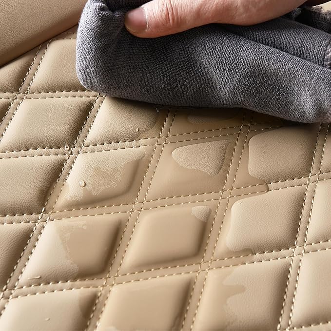 Huidasource Beige Car Rear Seat Covers, Nappa Leather Back Seat Cover, Automotive Rear Bench Seat Cushion Cover Universal Fit for Most Cars Sedan SUV Pickup Truck (Back Row/Beige)