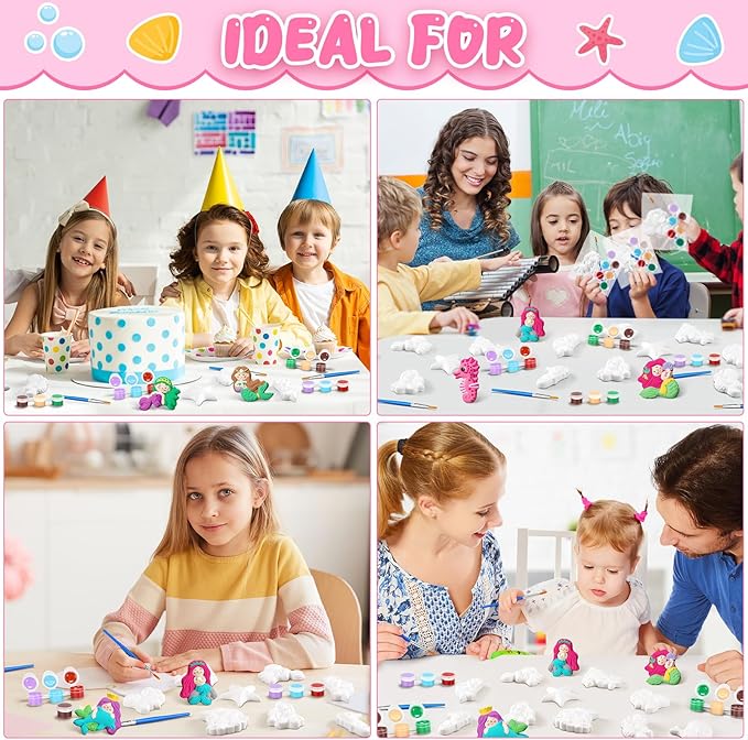 Simgoing 20 Set Dinosaur Unicorn Mermaid Donut Jungle Animal DIY Painting Kit Pumpkin Snowman Ceramic Paint Your Own Figurines Unpainted Plaster Craft for Party Favor(Mermaid)