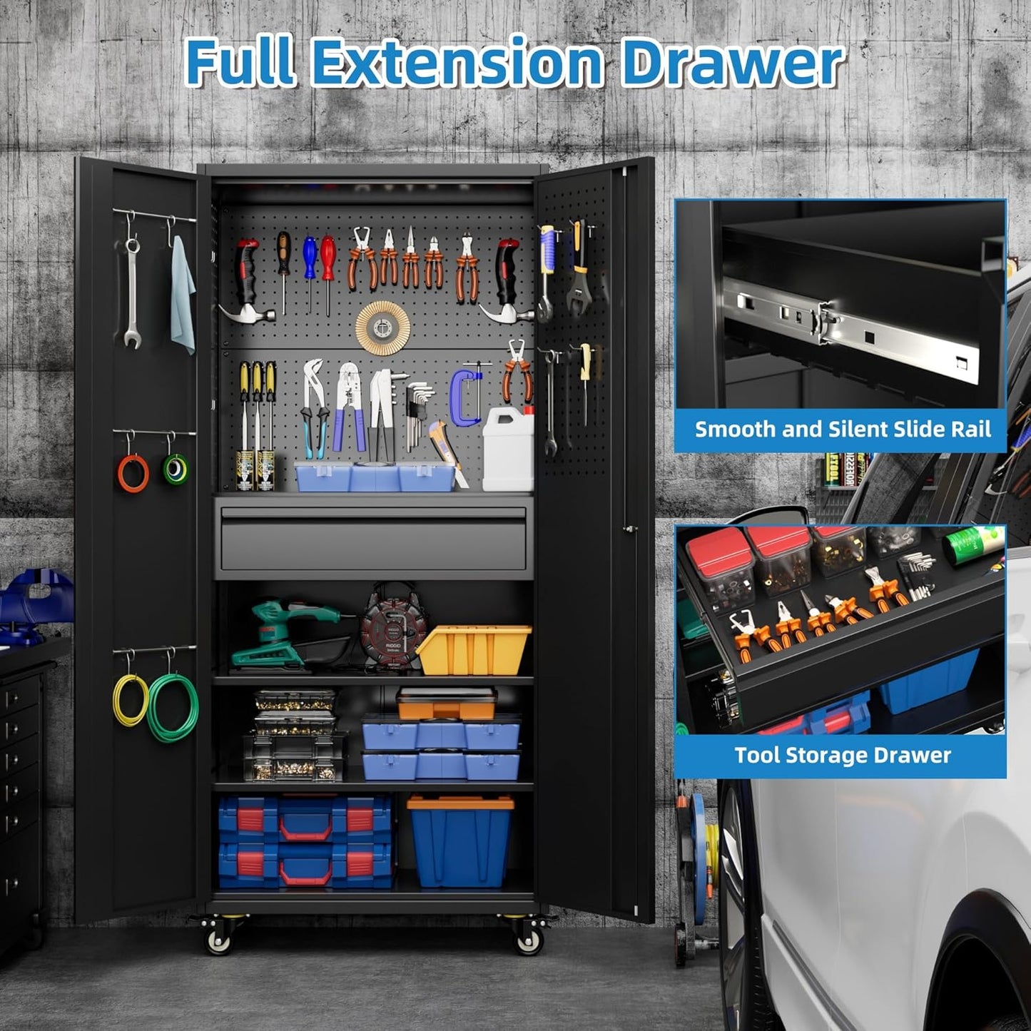 71" Metal Garage Storage Cabinet with 16 Hooks and Pegboards,1 Drawer Inside Rolling Tool Storage Cabinet with Adjustable Shelves,3 Metal Hanging Rod for Garage,Warehouse