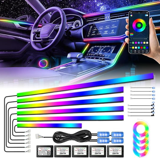 Acrylic Interior Car Light, AMKI Car LED Strip Light with APP Sub Control, Car Accessories Fiber Optic Car Ambient Light Kit with RGB Dreamcolor 22 in 1 and 175 inches 593 LEDs 213 DIY and Music Modes