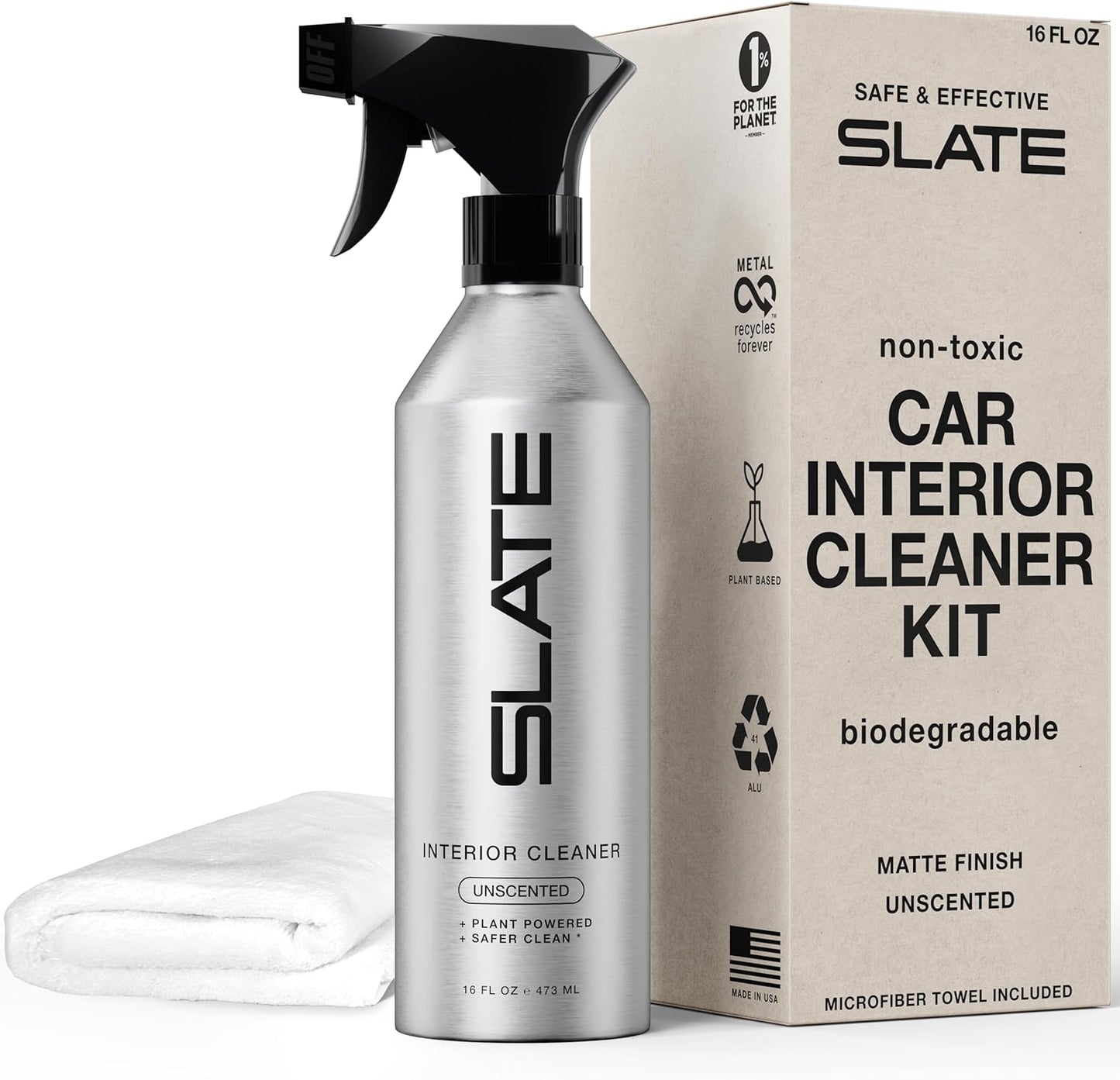Slate Car Interior Cleaner - Powerful Plant-Based Formula Removes Dirt, Car Seat Cleaner, Vegan Leather Safe, Biodegradable, Prop 65 Compliant - Unscented, 16oz