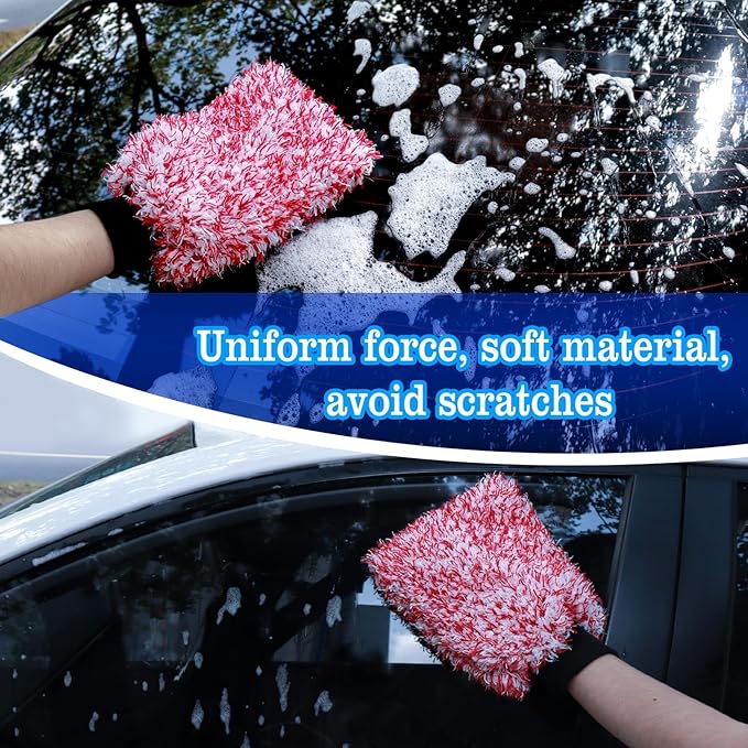Microfiber Car Wash Mitt - 3 Pack Scratch Free Mitts with Blue, Red and Black, Machine Washable, Lint Free, 10 Inch X 8 Inch Glove