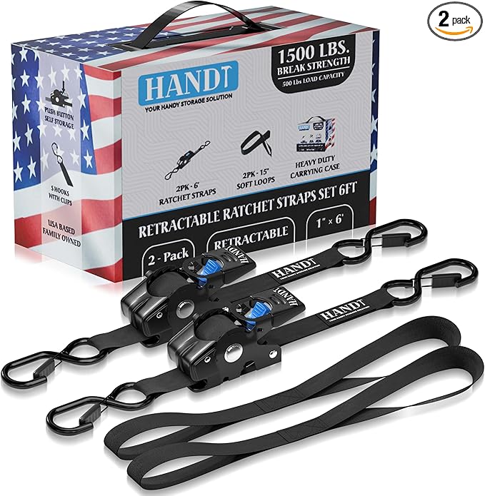 HandT USA Based Retractable Ratchet Straps (2PK) 1in x 6ft - 1,500lb Break Strength, Heavy Duty Automatic Ratchet Straps Self Retractable Tie Down, Push Button Retracting Truck Trailer Cargo | Black