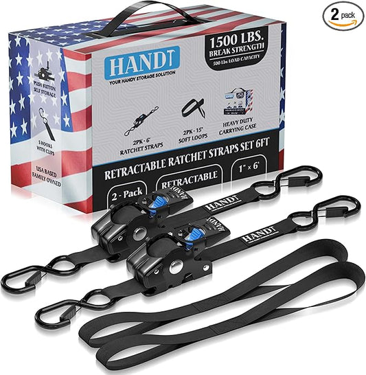 HandT USA Based Retractable Ratchet Straps (2PK) 1in x 6ft - 1,500lb Break Strength, Heavy Duty Automatic Ratchet Straps Self Retractable Tie Down, Push Button Retracting Truck Trailer Cargo | Black