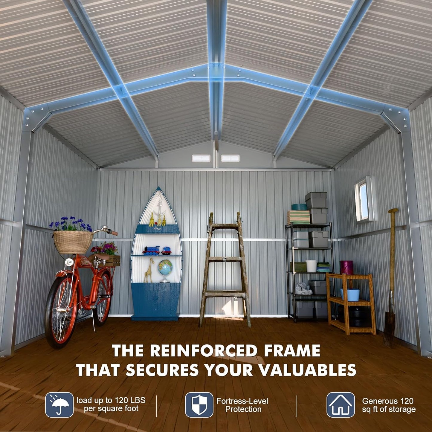 Metal Shed 10x12x7 FT, Sheds Outdoor Storage with Reinforcement, Natural Lighting Tool Sheds with Translucent Roof Panels, Windows, and Lockable Doors, Ideal for Garden, Backyard, and Patio