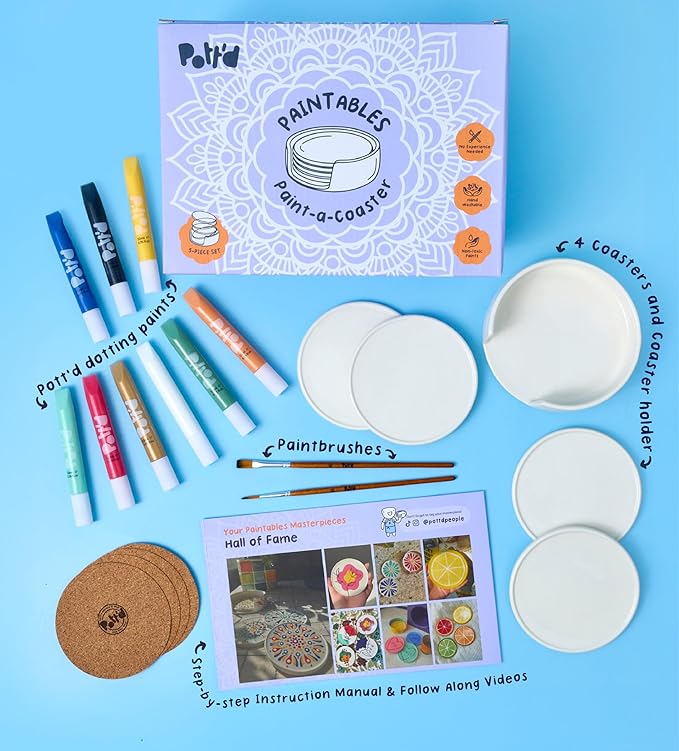 Pott’d Paintables Paint-a-Coaster Kit, DIY Pottery Painting Kit for Adults with Coasters, Holder, Dotting Paints, Brushes and Guide, Craft Kit for Beginners, Ideal for Home Decor or Handmade Gifts