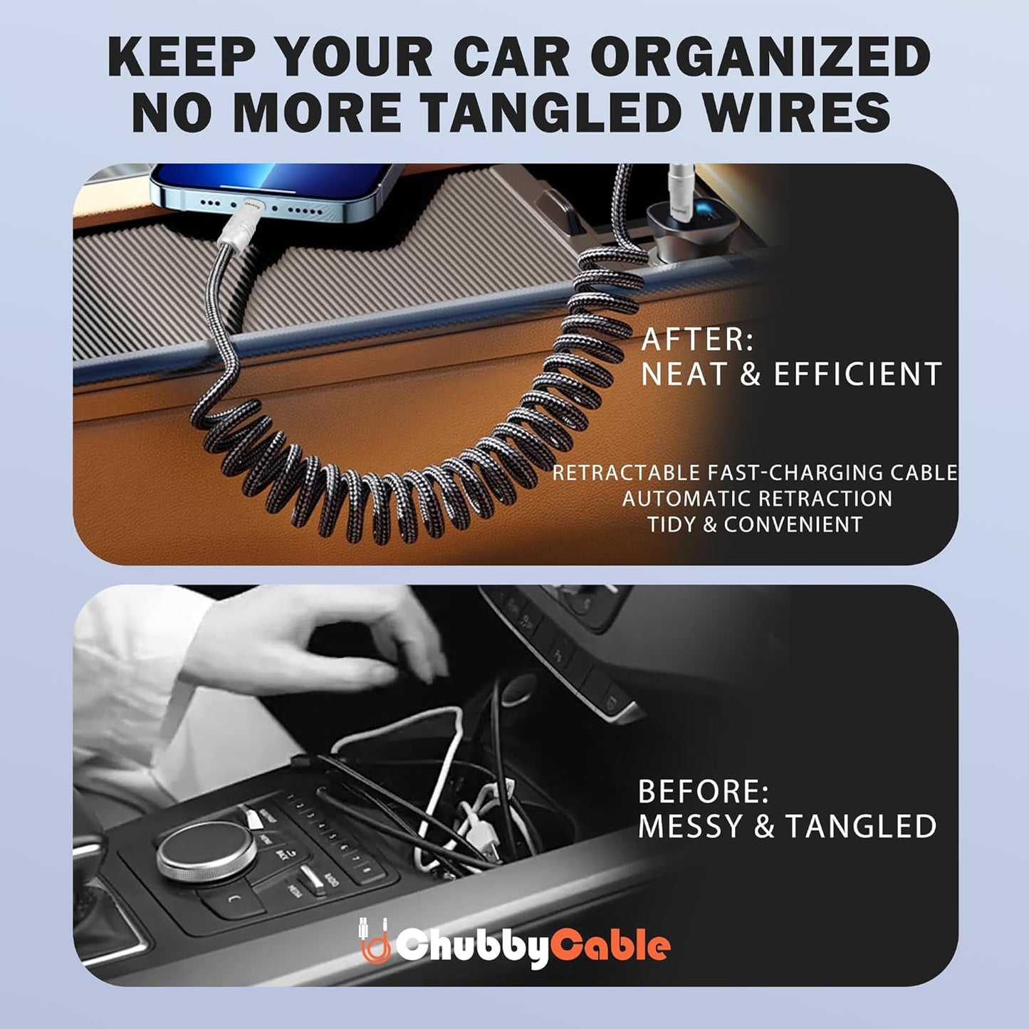 chubbycable Curly Chubby - Retractable Fast Charging Cable 240W Coiled Charger Cord for Car Durable USB-C Cable
