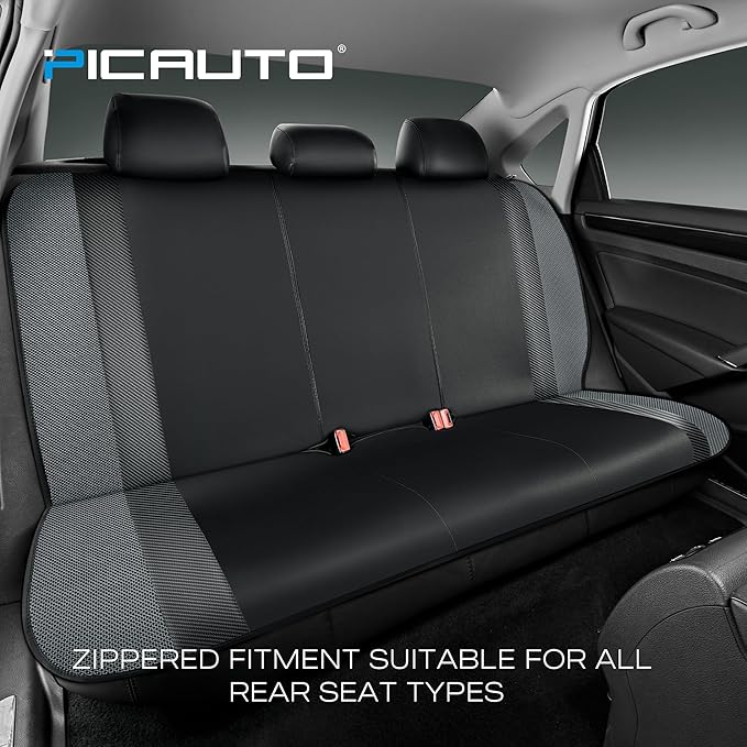 PIC AUTO Leather Car Seat Covers, Sports Carbon Fiber & Mesh Design, High-Back Full Set, Waterproof Automotive Seat Covers, Airbag Compatible, Universal Fit for Cars, SUVs, Trucks (Black & Gray)