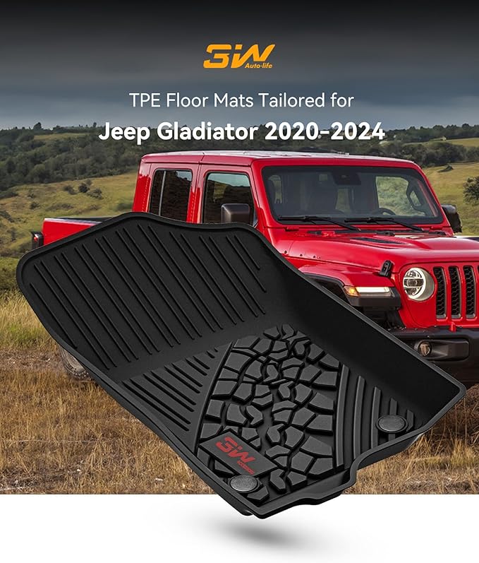 3W Floor Mats Compatible for Jeep Gladiator 2020-2024 2025, Custom Fit TPE All Floor Liner for Weather Jeep Gladiator,1st & 2nd Row Full Set Car Liners with Red Logo,Black