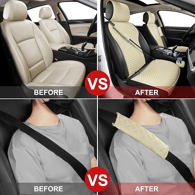 ENOGE 2 PCS Leather Car Seat Covers Front Seats Universal Sideless Seat Covers with Seat Belt Covers and Storage Pocket Waterproof Car Seat Protectors for Cars, SUV, Trucks (Beige)