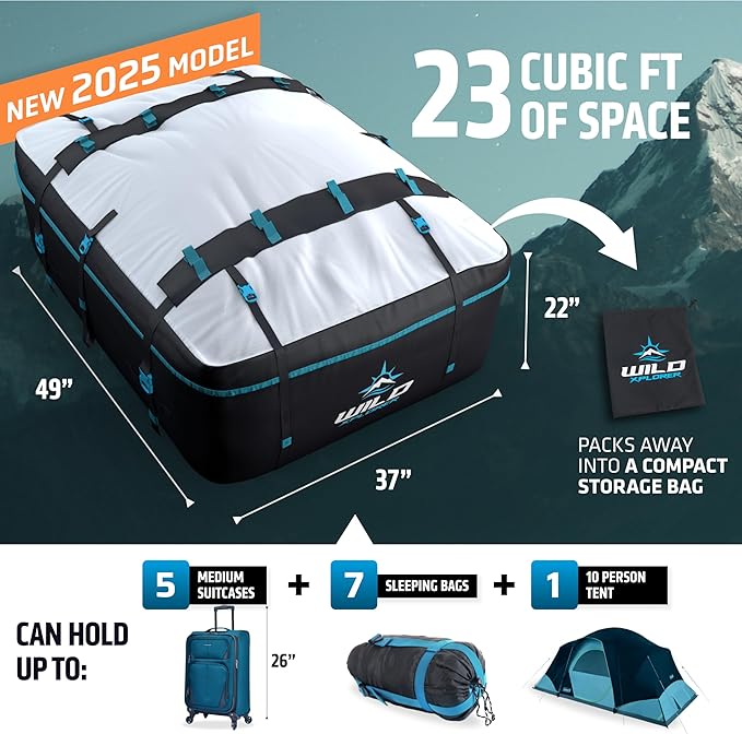 Rooftop Cargo Carrier - 23 Cubic Feet (XXL), Waterproof Soft Shell Car Roof Cargo Carrier, Heavy Duty Car Top Luggage Cargo Bag with Patented Door Hooks and Non-Slip Mat