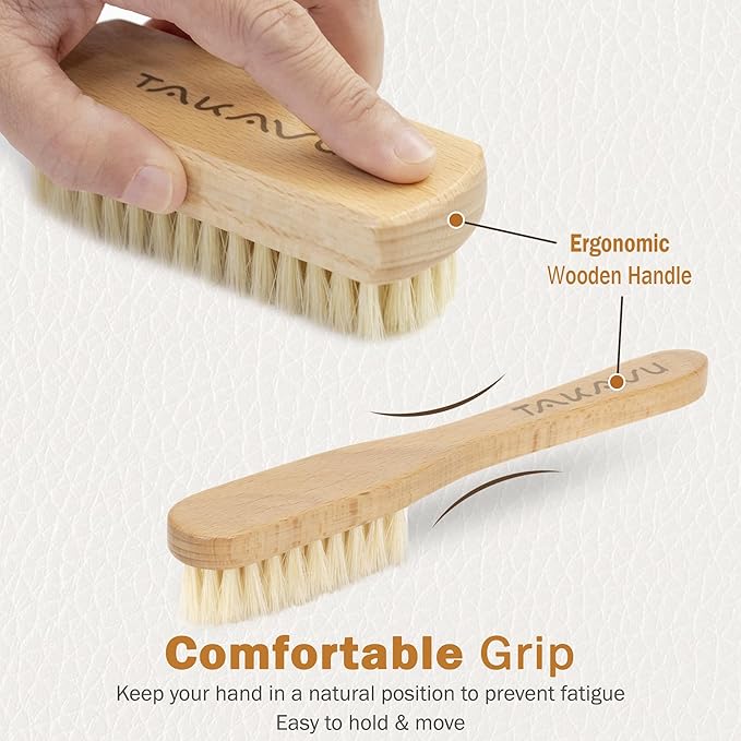TAKAVU Leather & Upholstery Cleaning Brush Set, Pure White Boar Hair Bristle, to Clean Car Seats, Leather Sofas, for Alcantara, Interiors, Furniture, Boots, Shoes, Bags and More