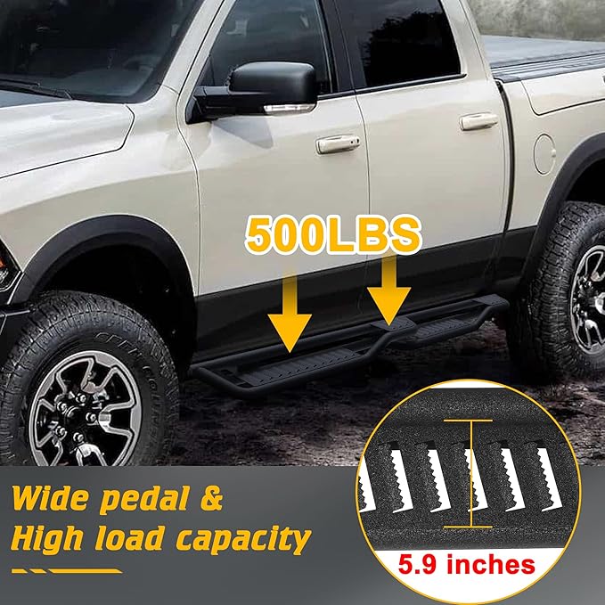 Running Boards Compatible with 09-18 Ram 1500/10-25 Ram 2500 3500 Crew Cab(Incl 19-24 Classic), 4 Stairs Design Step Bars Nerf Bars Heavy Duty Carbon Steel Rock Sliders
