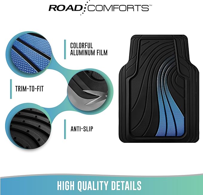 Road Comforts Car Floor Mats Full Set – Front & Rear Car Floor Mats with Aluminum Design, Anti-Slip Backing, All-Weather Protection, Trim-to-Fit Car Mats for Most Sedans, SUVs & Vans - - Blue