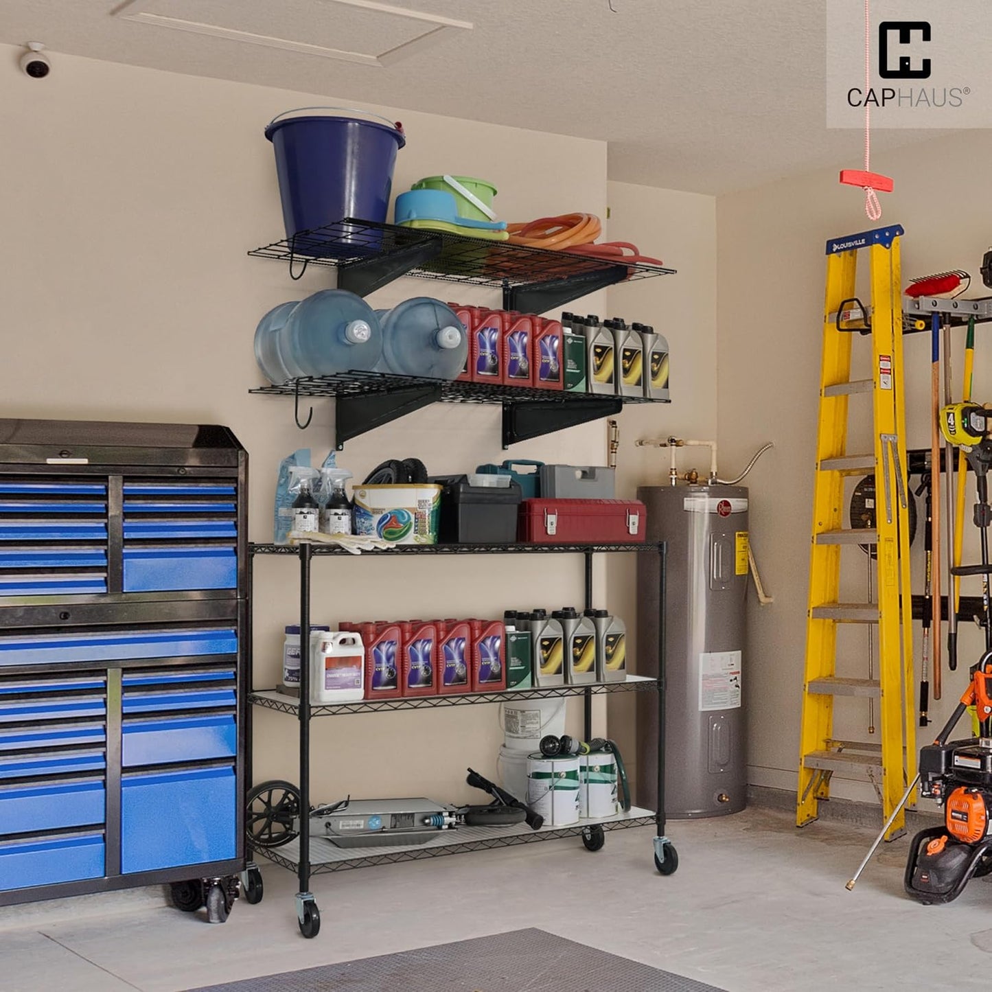 CAPHAUS 2-Pack Garage Shelving Wall Mounted 72x18 Inch, Heavy Duty Metal Wall Shelves with 8 Bike Hooks, 1000lbs Capacity Storage Rack for Garage Organization System, Black