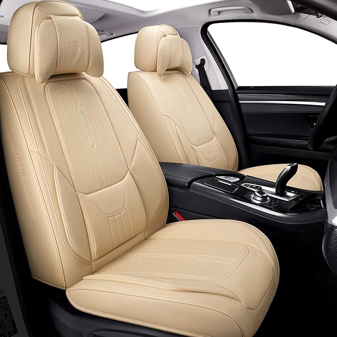 NS YOLO Full Coverage Leather Car Seat Covers for Cars,SUVs and Pick-up Trucks,Car Seat Protector,Automotive Seat Covers,Car Seat Cushion,Beige Seat Cover,Front Seat Cover for 2 Seats