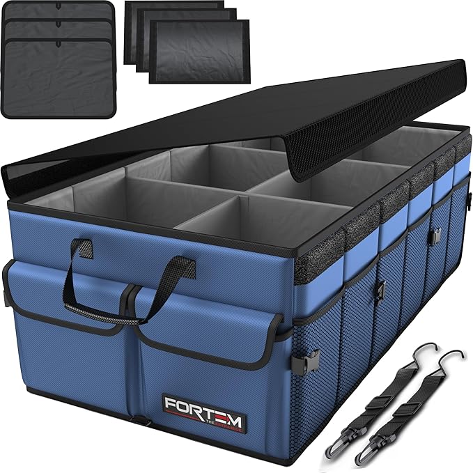 FORTEM Trunk Organizer For SUV Car Trunk Organizer, Foldable Storage, Car Accessories for Women Men, Collapsible Multi Compartment, 600D Oxford, Non Slip Bottom, Securing Straps, Soft Cover (85L)