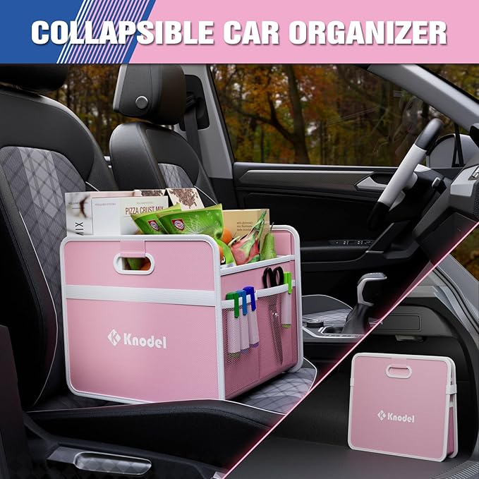 K KNODEL Car Trunk Organizer, Foldable Organizer for Car, Automotive Consoles & Organizers, Storage with Reinforced Handles (Medium, Pink)