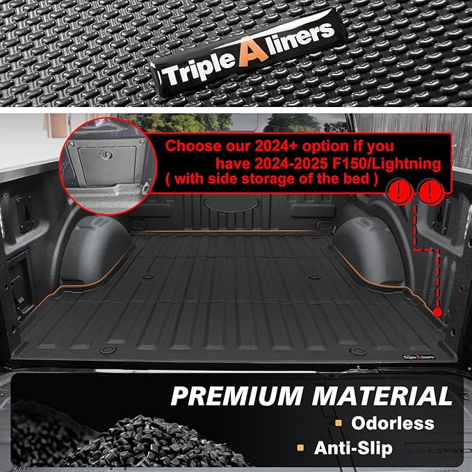 TripleAliners Truck Bed Mat Compatible with 2015-2023 Ford F150 & Lightning Accessories 5.5FT Flush All Weather Protection TPE Heavy Duty Pickup Cargo Mat