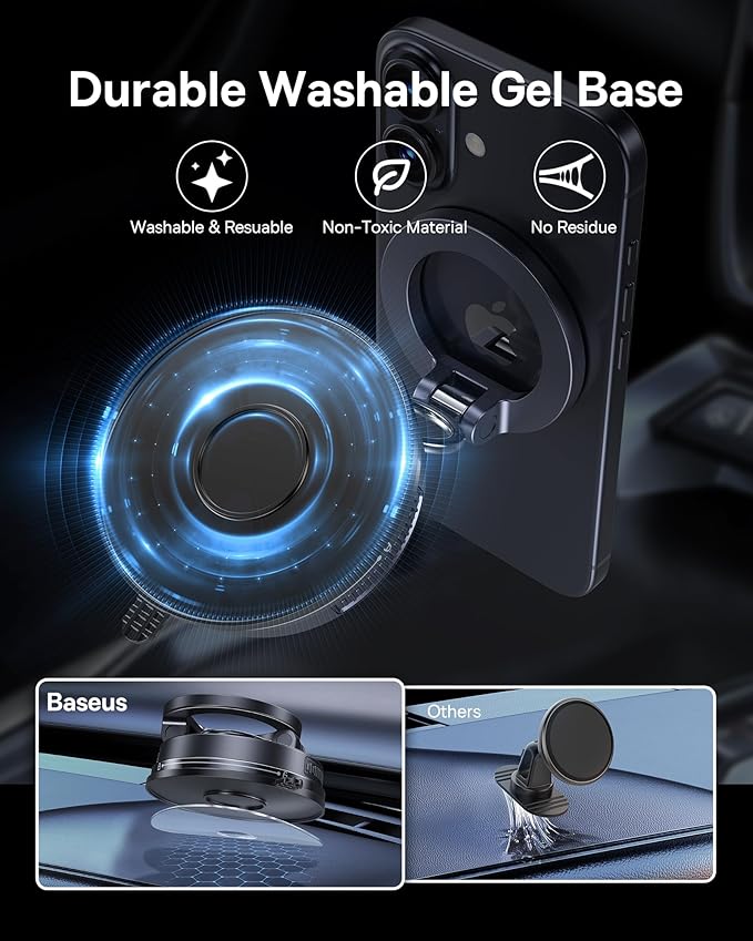 Baseus for Magsafe Car Mount, Vacuum 119LBS Magnetic Suction Cup Phone Holder for Car, 720° Adjustable Foldable Cell Phone Holder with Reusable Washable Gel for Car & for iPhone 17 16 15 14 13 Pro Max