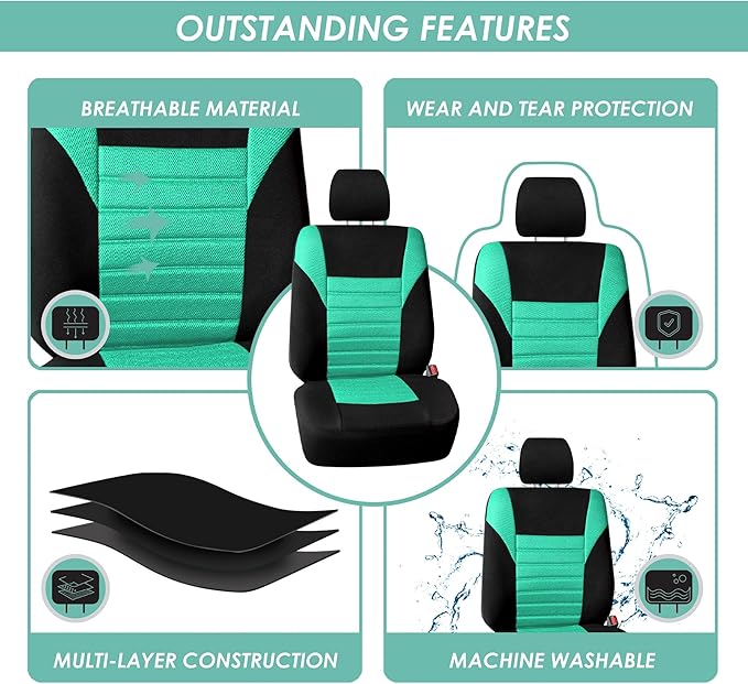 FH Group Automotive Car Seat Covers Full Set Premium 3D Air Mesh Front Seat Covers, Airbag Compatible & Split Bench Cover Universal Fit Interior Accessories for Cars Trucks and SUVs - Mint