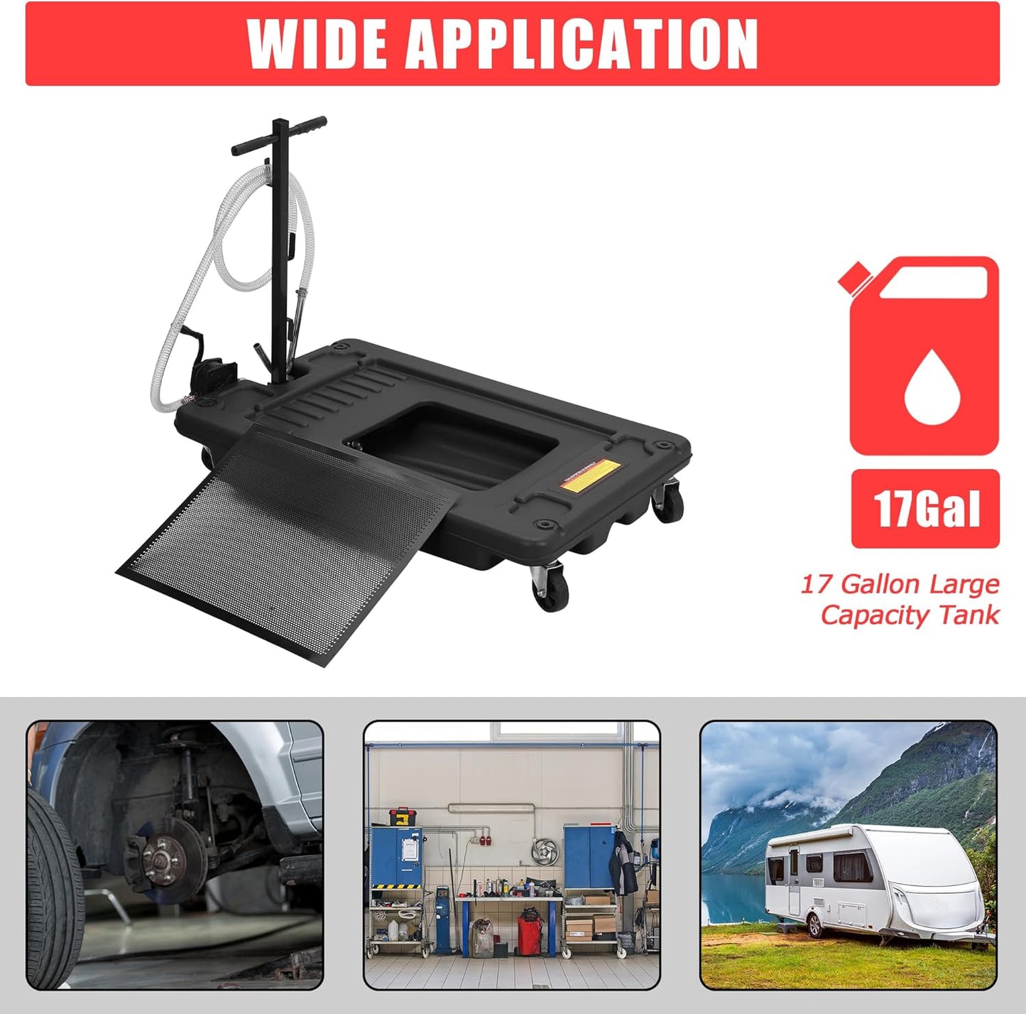 ‌17 Gal Low Profile Oil Drain Pan, Heavy Duty Mobile Oil Changing Pan with Hand Pump, 8 Ft Hose & Quick Drain Valve, Leak-Proof Design for Truck Car Motorcycle, Garage Workshop Use