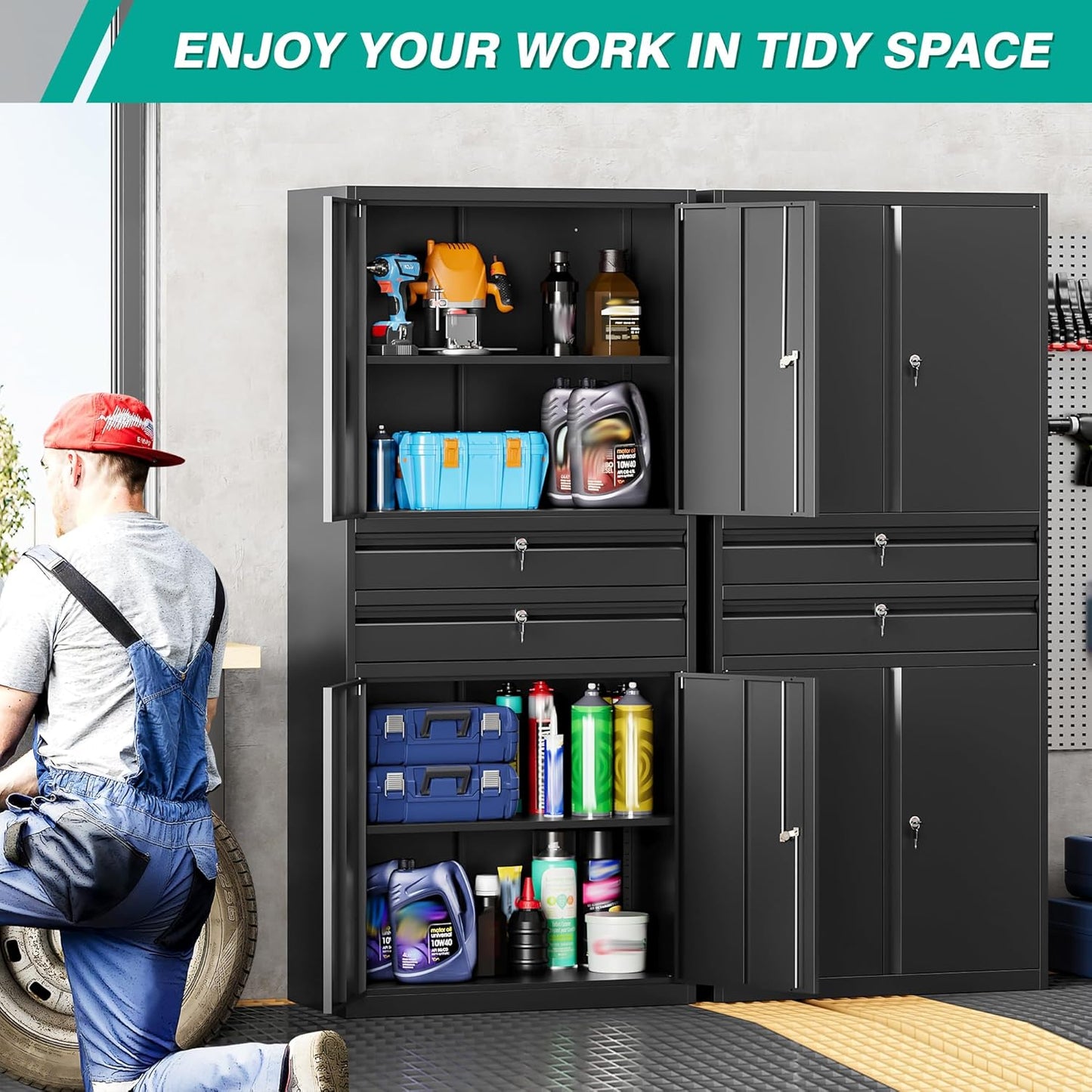 Metal Storage Cabinet with Drawer and Locks,Black Garage Storage Cabinet with Locking Doors and Adjustable Shelves,71" Tall Large Metal Cabinets with Magnetic Door for Home,Office,Garage