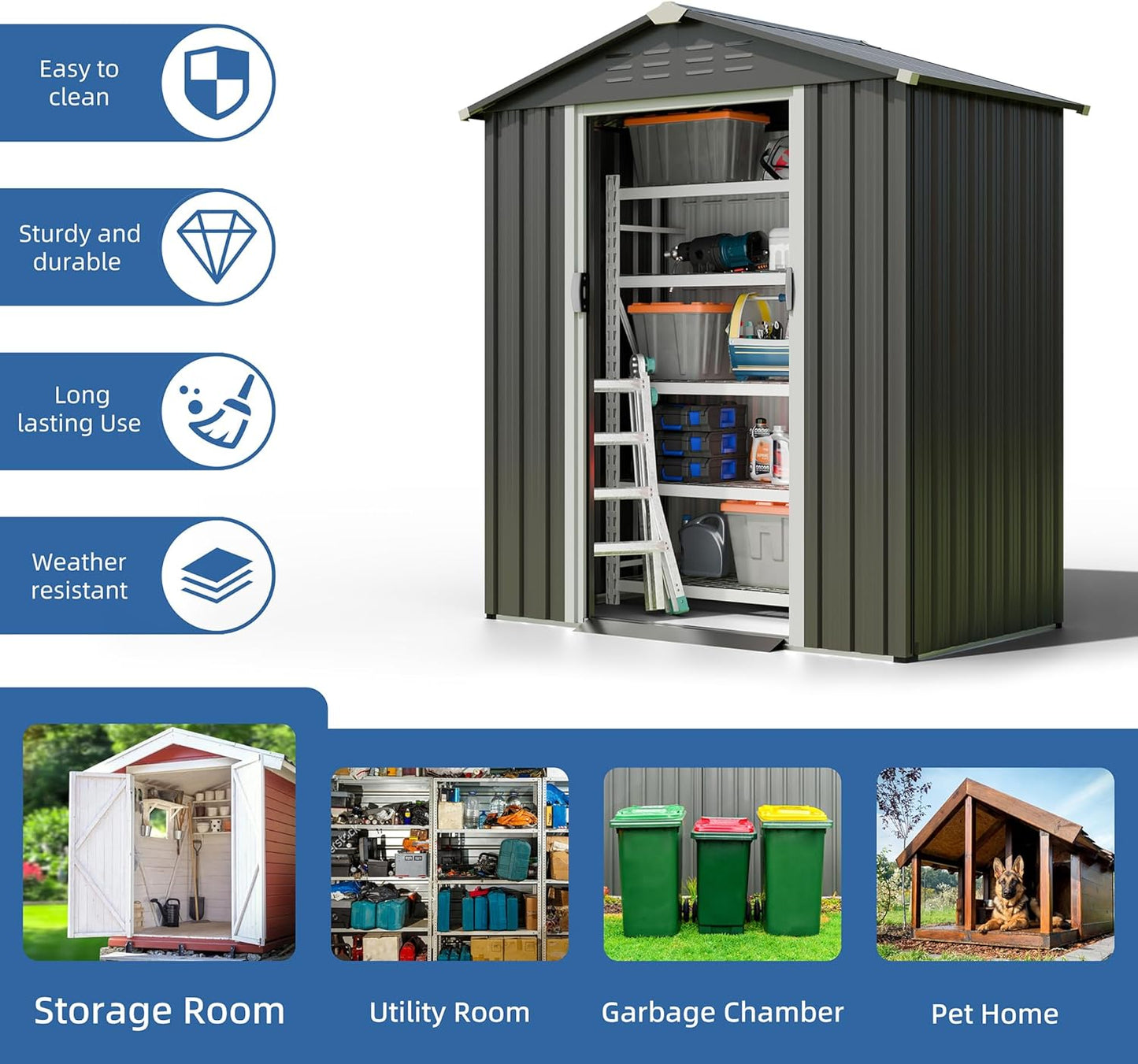 JY QAQA 5x3 FT Metal Outdoor Garden Storage Shed,Waterproof Metal Garden Sheds with Window and Lockable Double Door,Weather Resistant Steel Tool Storage House Shed forPatio,Lawn