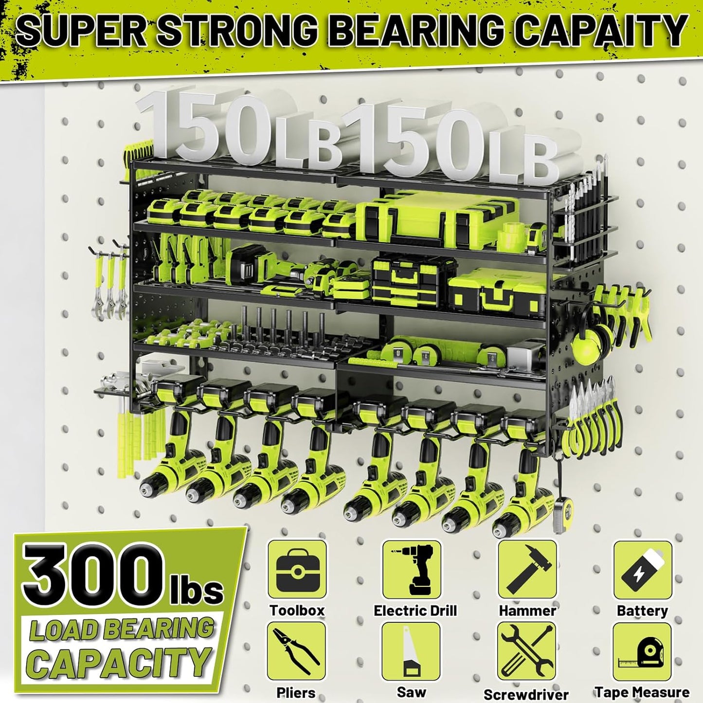 5 Layers Power Tool Organizer Wall Mount, Metal Cordless Tool Storage Rack Holder with 8 Drill Holders, Heavy Duty Garage Wall Tool Shelf for Workshop Tool Room Men Husband Father Gift Black