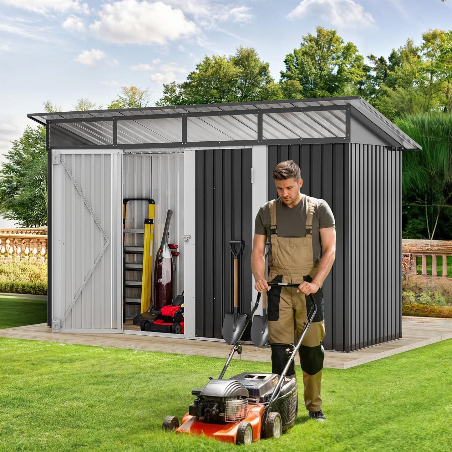 DWVO 9x4 FT Outdoor Storage Shed with Acrylic Windows, Utility Tool Shed Metal Storage Garden Shed with Door & Lock for Bike Storage, Waterproof Trash Shed for Backyard Garden Patio, Dark Dray