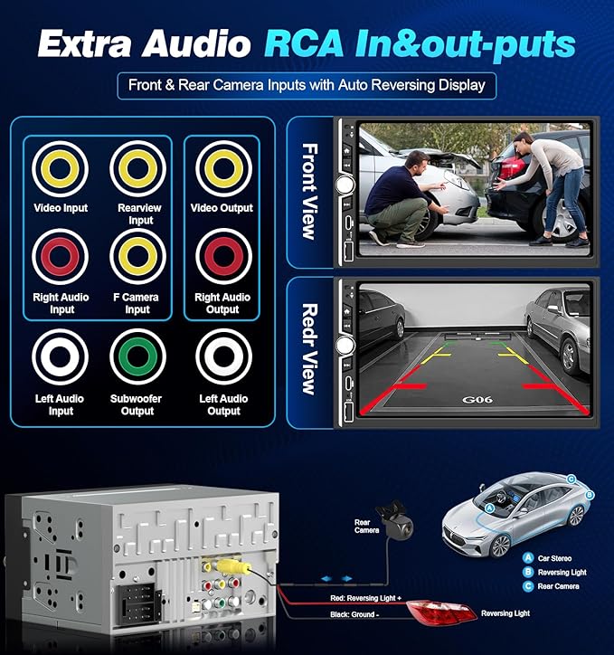 7" Wireless Double Din Car Play Stereo Apple Carplay Screen Radio Audio Receiver Android Auto Bluetooth 4.2 Channel 240W Amplifier Subwoofer MirrorLink Navigation FM/AM SWC Backup Camera Fast Charger