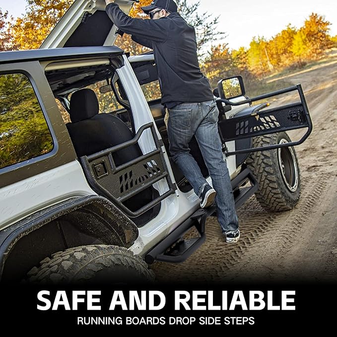 Running Boards Compatible with 2018-2026 Jeep Wrangler JL JLU Unlimited 4 Doors, Two Stairs Design Side Steps Heavy-Duty Steel Nerf Bars Bolt-on Step Plates Rock Sliders Rail, Black