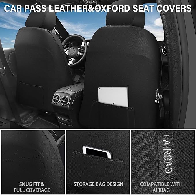 CAR PASS Leather Oxford Car Seat Covers Full Set,Waterproof Seat Cover for Truck,All Weather Non-Slip Durable Universal Fit for Extra Large Truck Car SUV Sedan Van Automotive,Black 3D Tyre Embossed