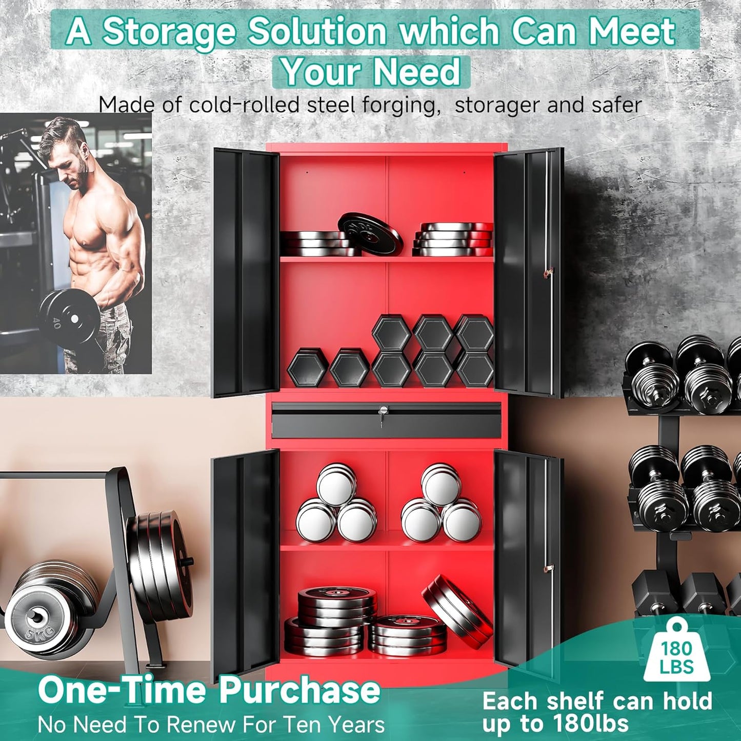 Metal Storage Cabinet with Drawer and Lock,Garage Storage Cabinet with Locking Doors and Shelves,71" Black Red Metal Cabinets,Lockable Steel Tool Cabinets for Garage,Home,Office,Shop