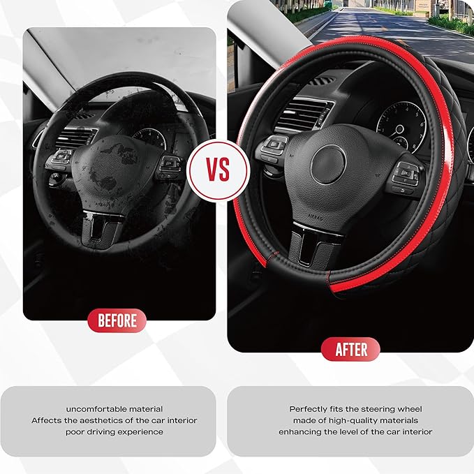 Road Comforts Leather Steering Wheel Cover – Black & Red Universal Fit 14.5-15 Inch, Microfiber Leather, Anti-Slip & Breathable Design for Men and Women