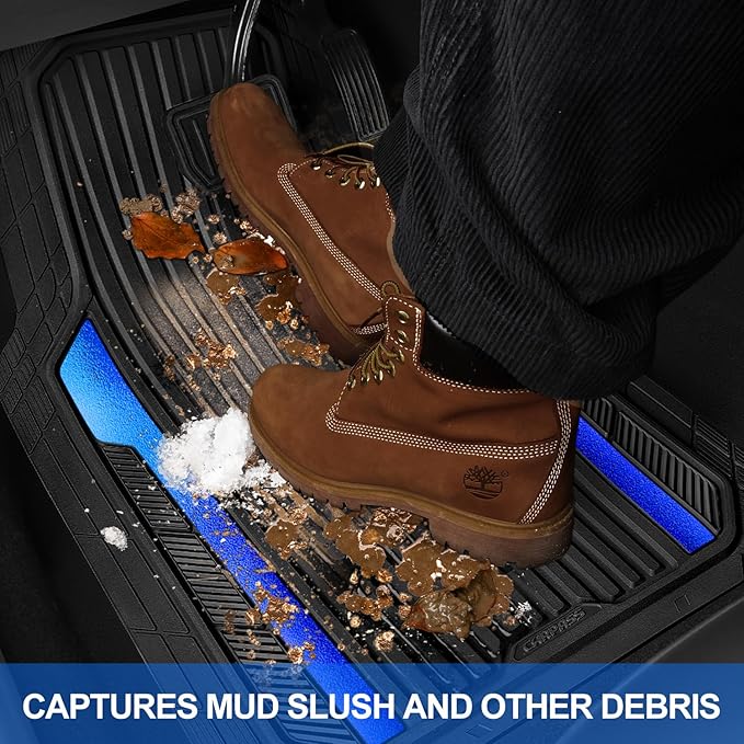 CAR PASS Heavy Duty Rubber Car Mats Metallic,Aluminum Film All Weather Floor Mats Waterproof Universal Trim to Fit Automotive SUV Sedan Van 4 Piece Anodized Deep Dish Two-Tone Sporty Black Blue Chrome