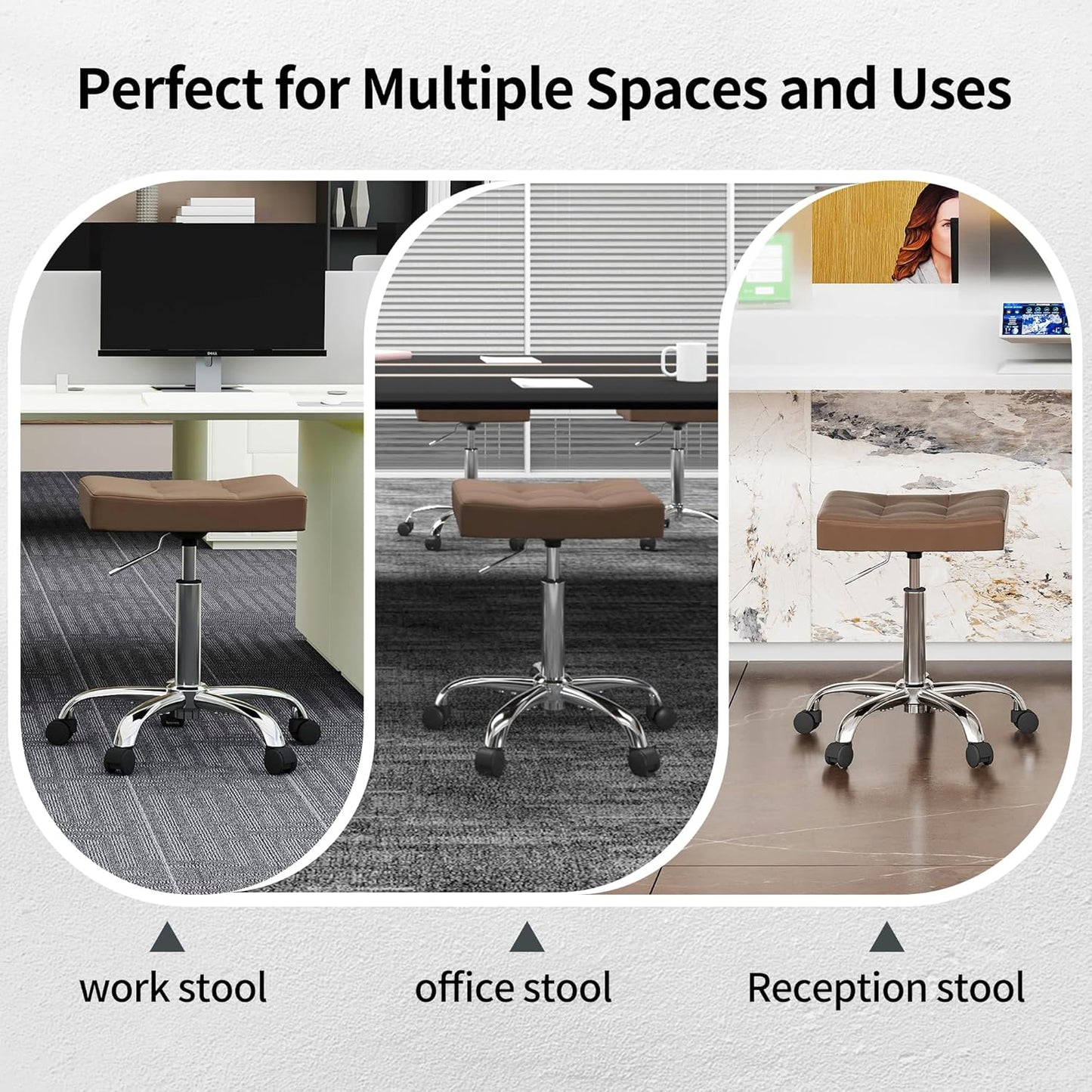 Ergonomic Desk Stool with Wheels (Adjustable Height 17"-21") (300lbs Capacity) Faux Leather Office Stool (Coffee Brown)