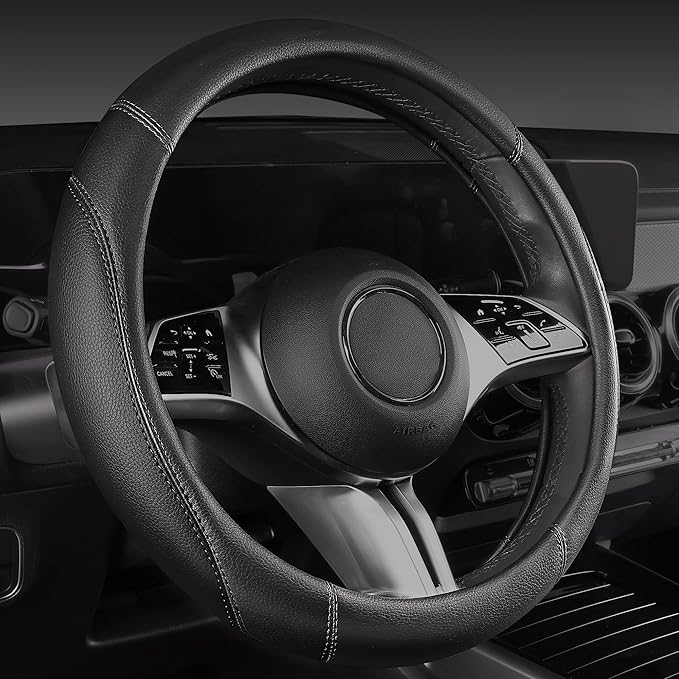 CAR PASS Microfiber Leather Steering Wheel Cover and Waterproof Car Floor Mats,Universal Car Combo Fit for 95% Sedan,SUV,Cars,14.5-15inch Anti-Slip Safety Comfortable Faux Leather Design(Solid Black)