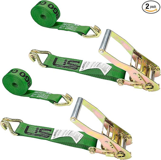 US Cargo Control J Hook Ratchet Straps 2 Inch x 18 Foot (2-Pack), 10,000 LBS Break Strength, Heavy Duty Ratchet Straps with Double J-Hooks, Green Tie Downs for Trucks, Trailers, Securing Cargo