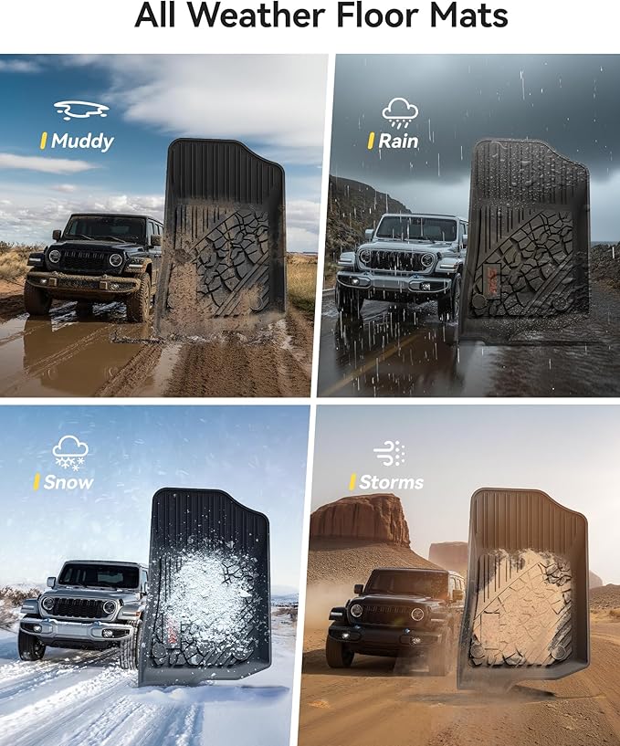 3W Floor Mats Fit for Jeep Wrangler 4XE 2021-2024 2025 Hybrid 4 Door (Non JL or JK), Black All-Weather TPE Floor Liner for 1st and 2nd Row Full Set Car Mats, Red Logo