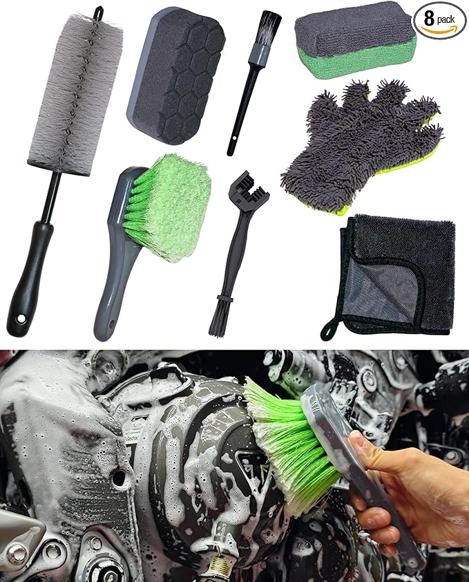 8 Pack Motorcycle Cleaning Kit - Professional Safe for Chrome/Engine/Tires, Hard Reach Brush, Microfiber Mitt, Detailing Tools, Drying Towel & Wax Applicators