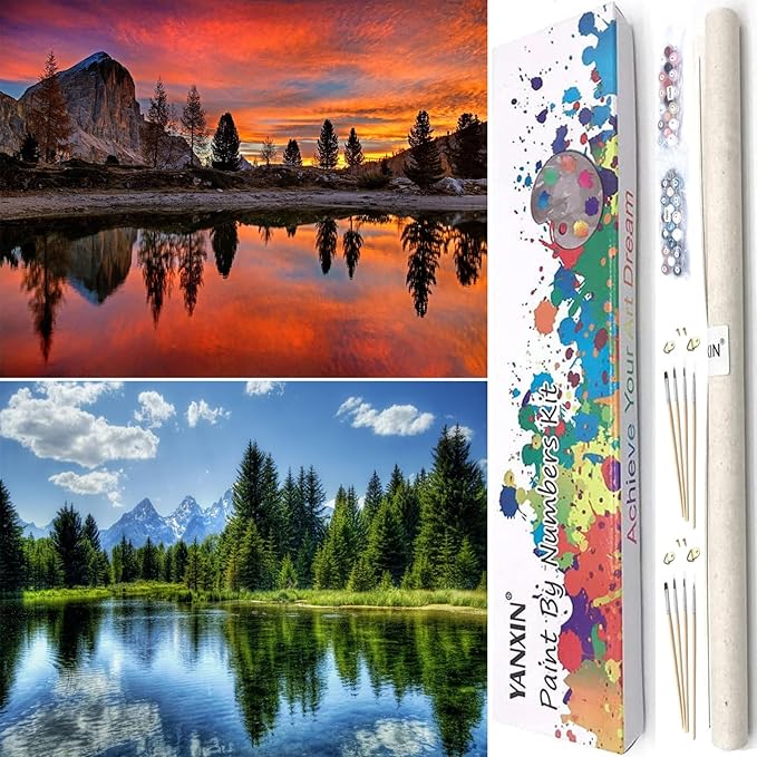 YANXIN Paint by Numbers Kit for Adults Beginners 2 Pack Paint by Numbers for Adults Rolled up Canvas for Home Decoration Creative Wall Art with Colorful Gift Box 12x16 inch Lake Refection 167-168